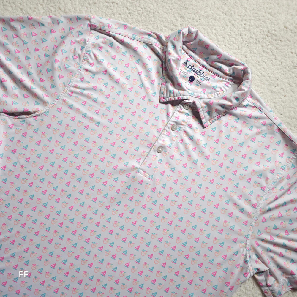 Chubbies Men's Large Performance Polo Shirt White Pastel Sailboat Print